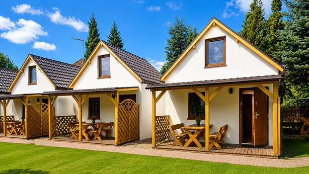 A row of small, single-story cabins with attached porches, each featuring a table and chairs. - Cottages for 4 People With a Swimming Pool, Dziwnowek (Kamien Pomorski)