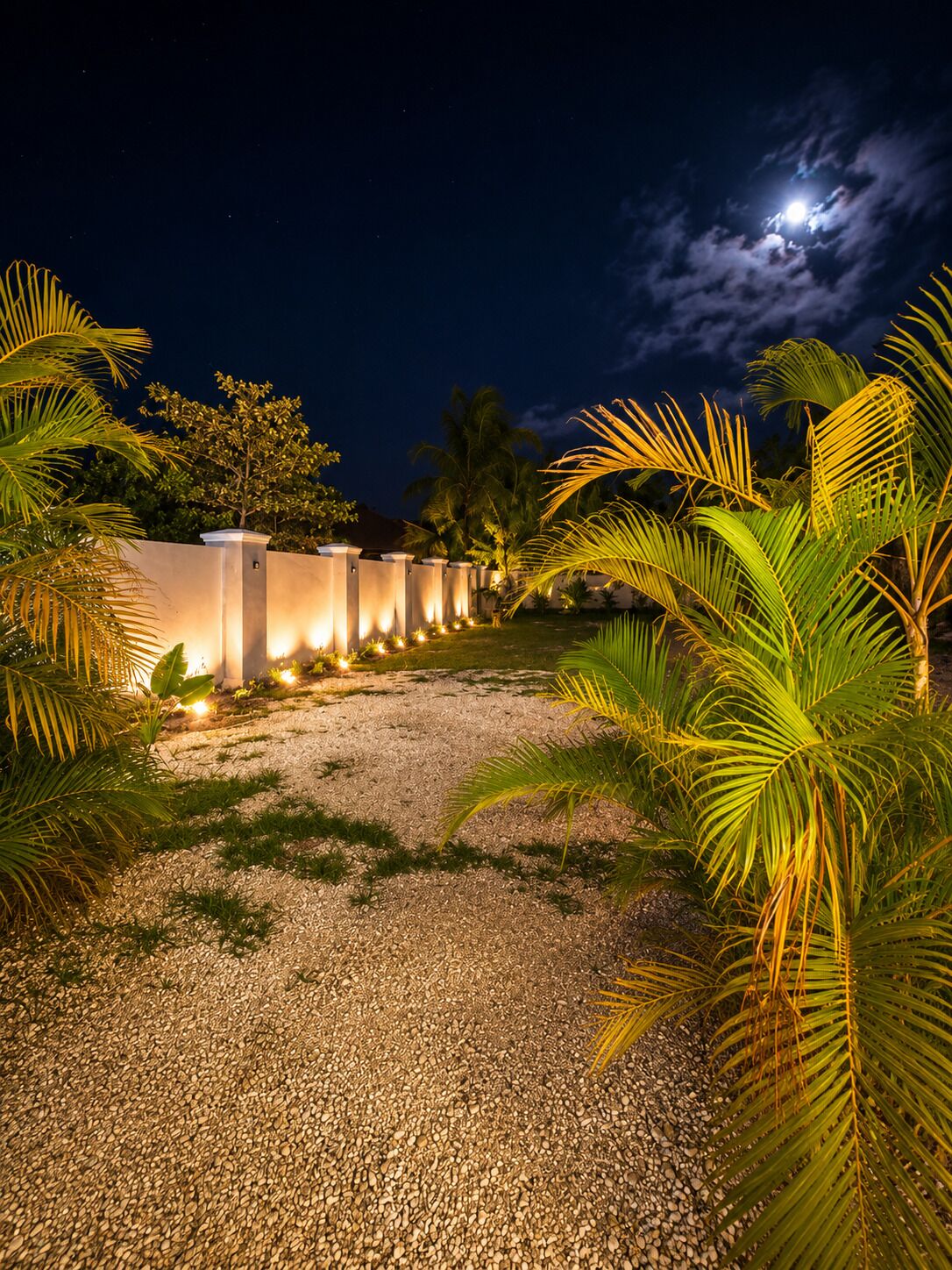 A nighttime view of a landscaped area with a gravel path, palm trees, and a wall with lights.