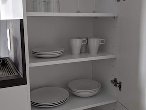 Fridge, microwave, stovetop, cookware/dishes/utensils