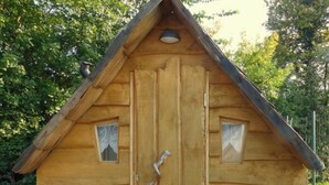 A wooden cabin with a triangular roof, two small windows with curtains, and a door with a metal handle.