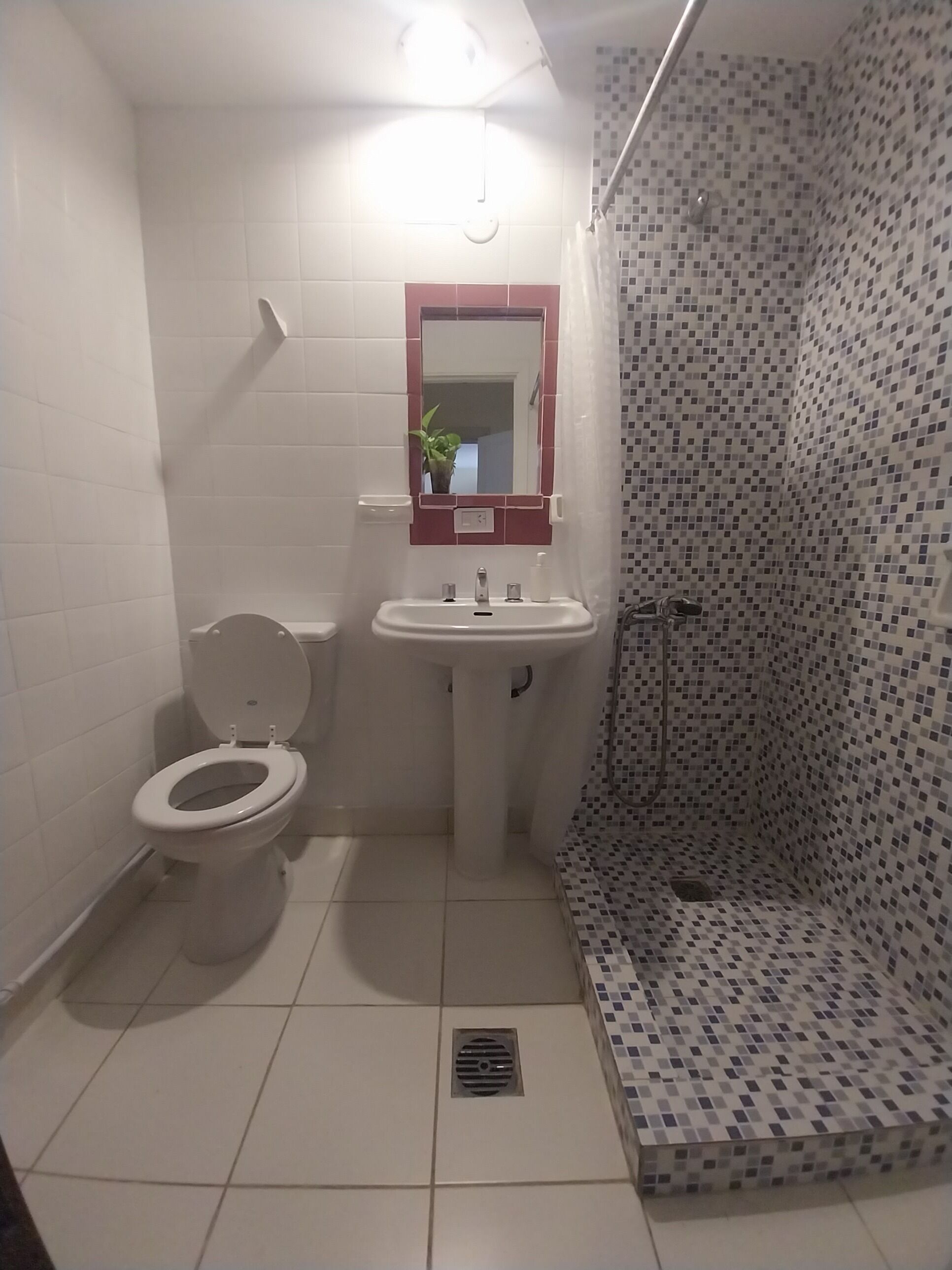 A bathroom with a toilet, sink, mirror, and shower area.