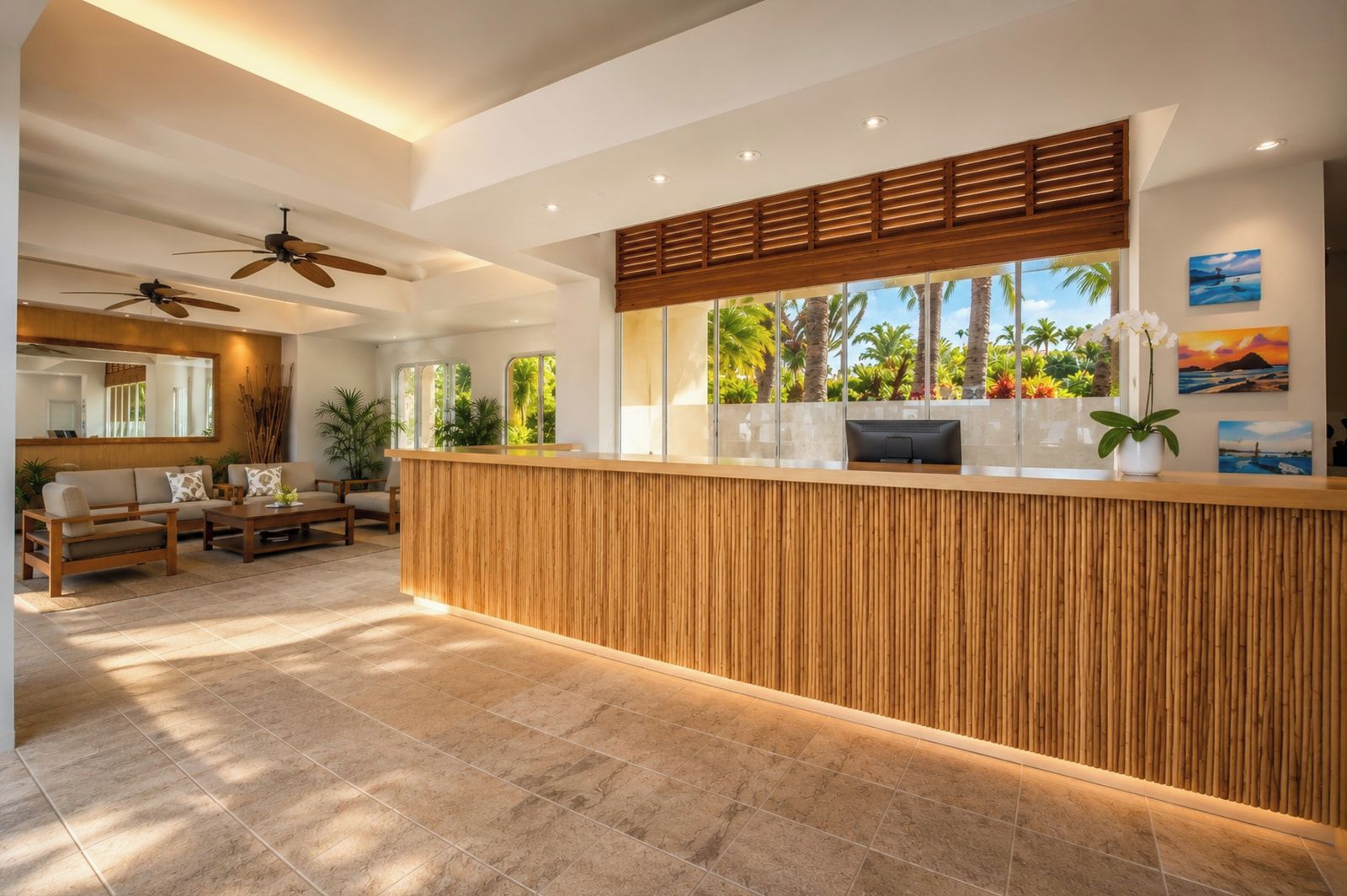 Zona de recepción con mostrador de madera, ventiladores de techo, un sofá y vistas a palmeras.