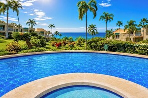 Ein Pool mit gewölbter Kante, umgeben von Palmen und Blick auf den Ozean.