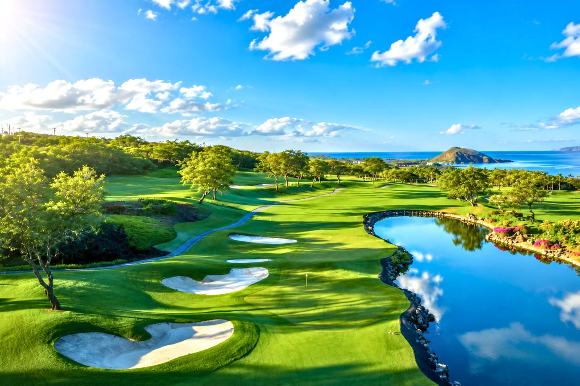 A golf course with a water hazard, trees, and a distant view of the ocean.