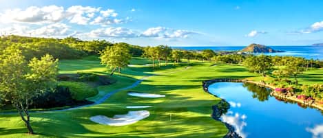 A golf course with a water hazard, trees, and a distant view of the ocean.