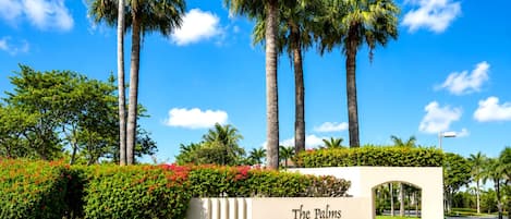 A landscaped entrance with palm trees, a sign reading 'The Palms,' and a well-maintained hedge.