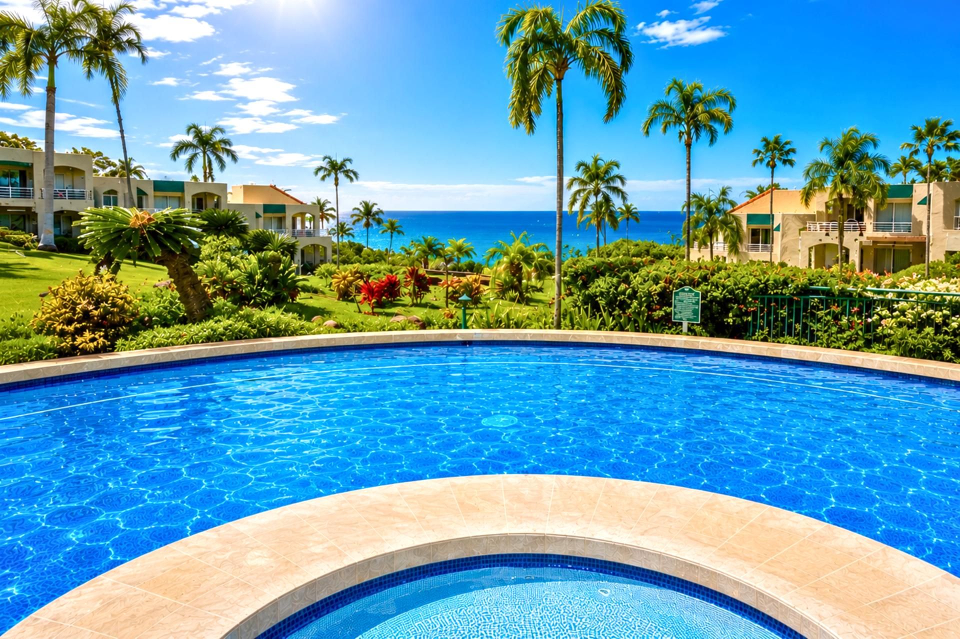 Piscina de un resort con vista al océano y palmeras.