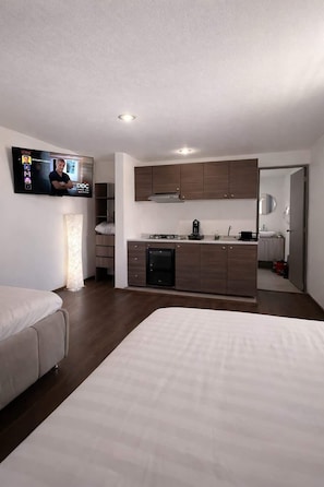 Ein modernes Hotelzimmer mit Bett, Fernseher, Küchenzeile und Bad.