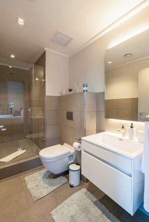A modern bathroom with a glass shower enclosure, a white toilet, a sink with a mirror, and a small trash bin. - Luxury One Bed Apartment Foreshore Cape Town (Cape Town)