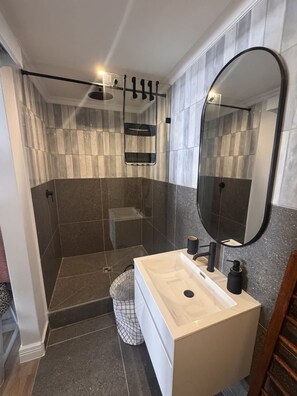 A modern bathroom with a shower, a sink, and a large mirror. - Modern City-center Studio in Historic Venice House (Cape Town)
