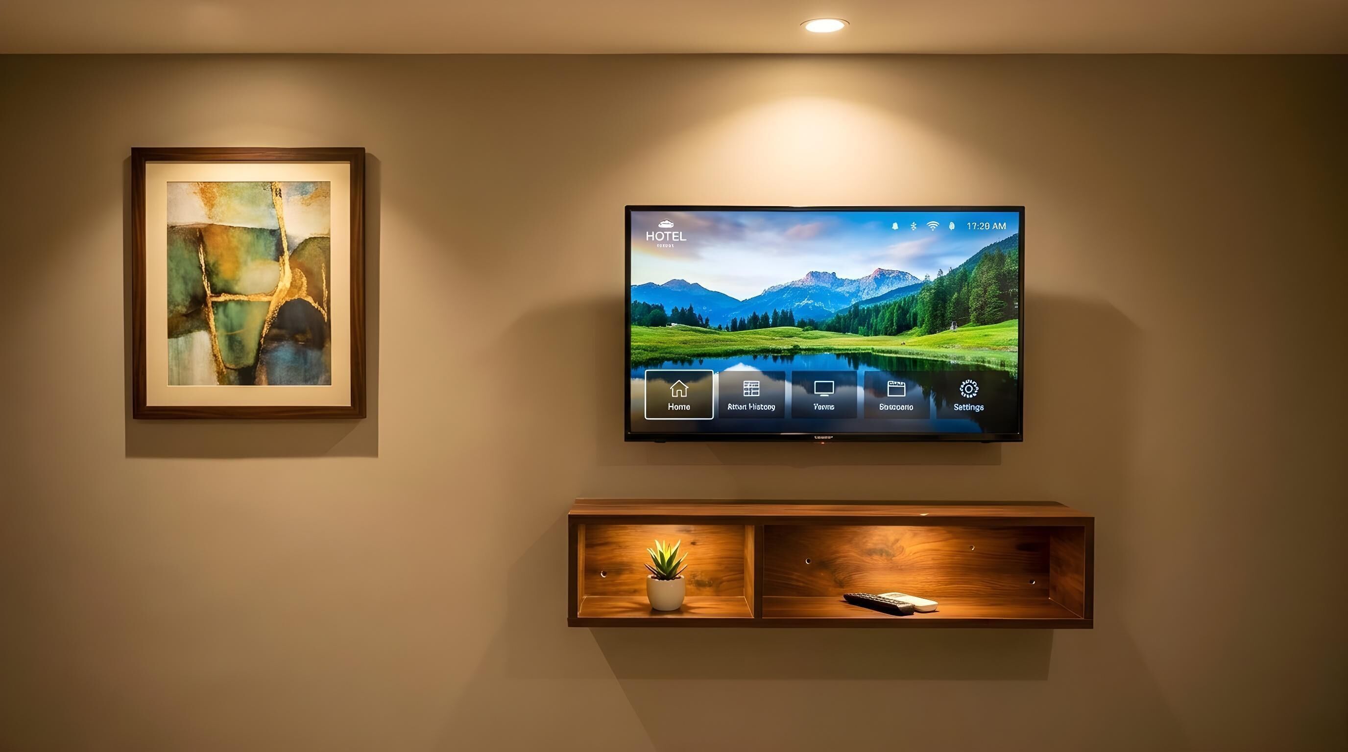 A hotel room with a mounted TV displaying a scenic landscape, a framed abstract painting, and a wooden shelf with a plant and remote control.
