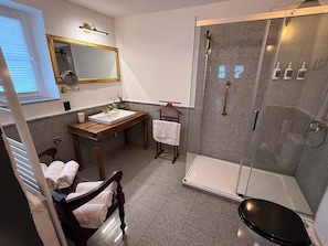 A bathroom with a wooden vanity, a mirror, a glass shower enclosure, and a toilet.