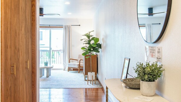 Een gang met houten vloer, een ronde spiegel, een tafeltje met een plant en een deur naar een andere kamer.
