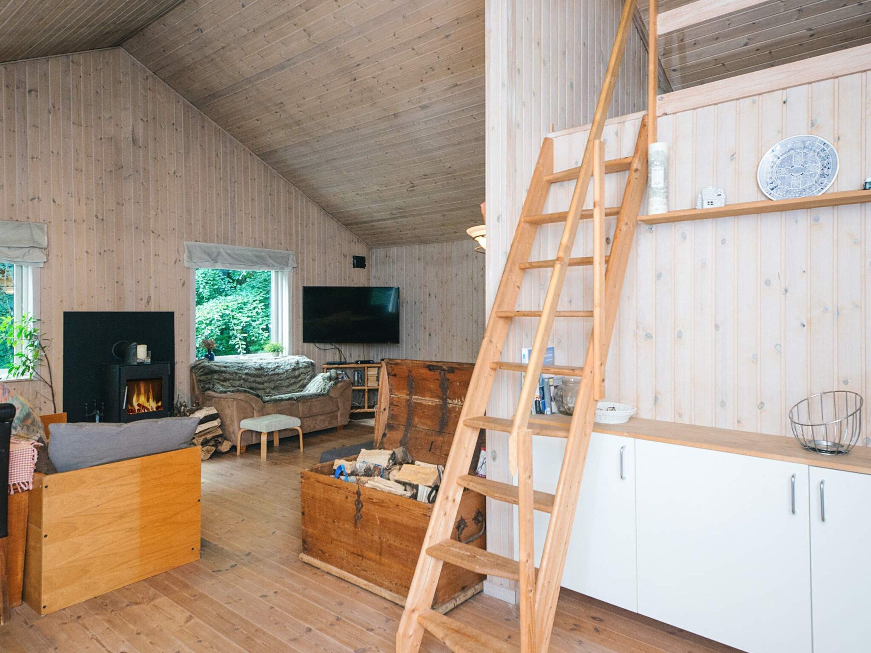 A wooden interior with a fireplace, a television, a sofa, and a ladder.