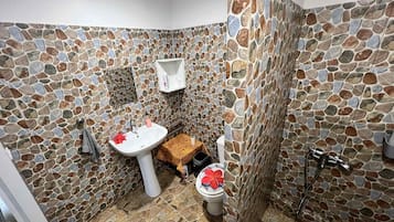 Shower, towels, soap, toilet paper
