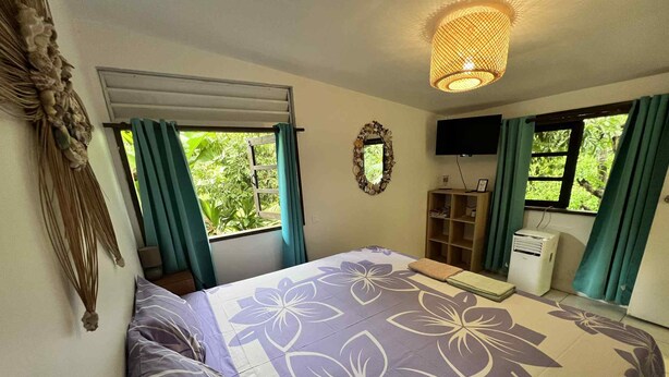 A bedroom with a bed, a television, a heater, and a window with curtains. - Chambre d'hôte 10 minutes from the Vai'are wharf. (Windward Islands)