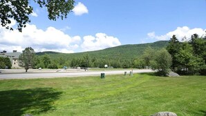 A grassy area with a basketball court, trees, and a hill in the background. - Perfect Location at this Waterville Condo! (Waterville Valley)
