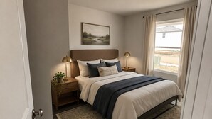 Ein Schlafzimmer mit einem Bett, Nachttischlampen, einem Teppich, einem Gemälde an der Wand und einem Fenster mit Vorhängen.