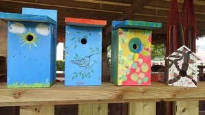 Tres casas para pájaros con diseños variados sobre una plataforma de madera.