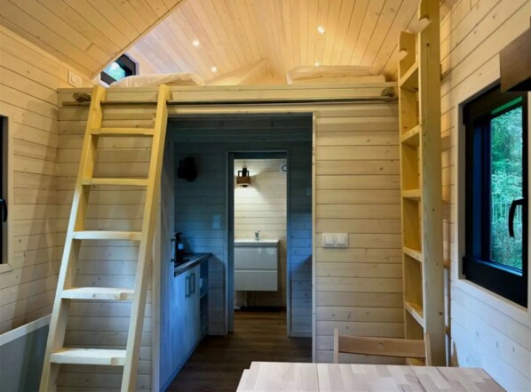 A cabin interior with a wooden interior, a kitchen area, a bathroom, and a window with a view of greenery.