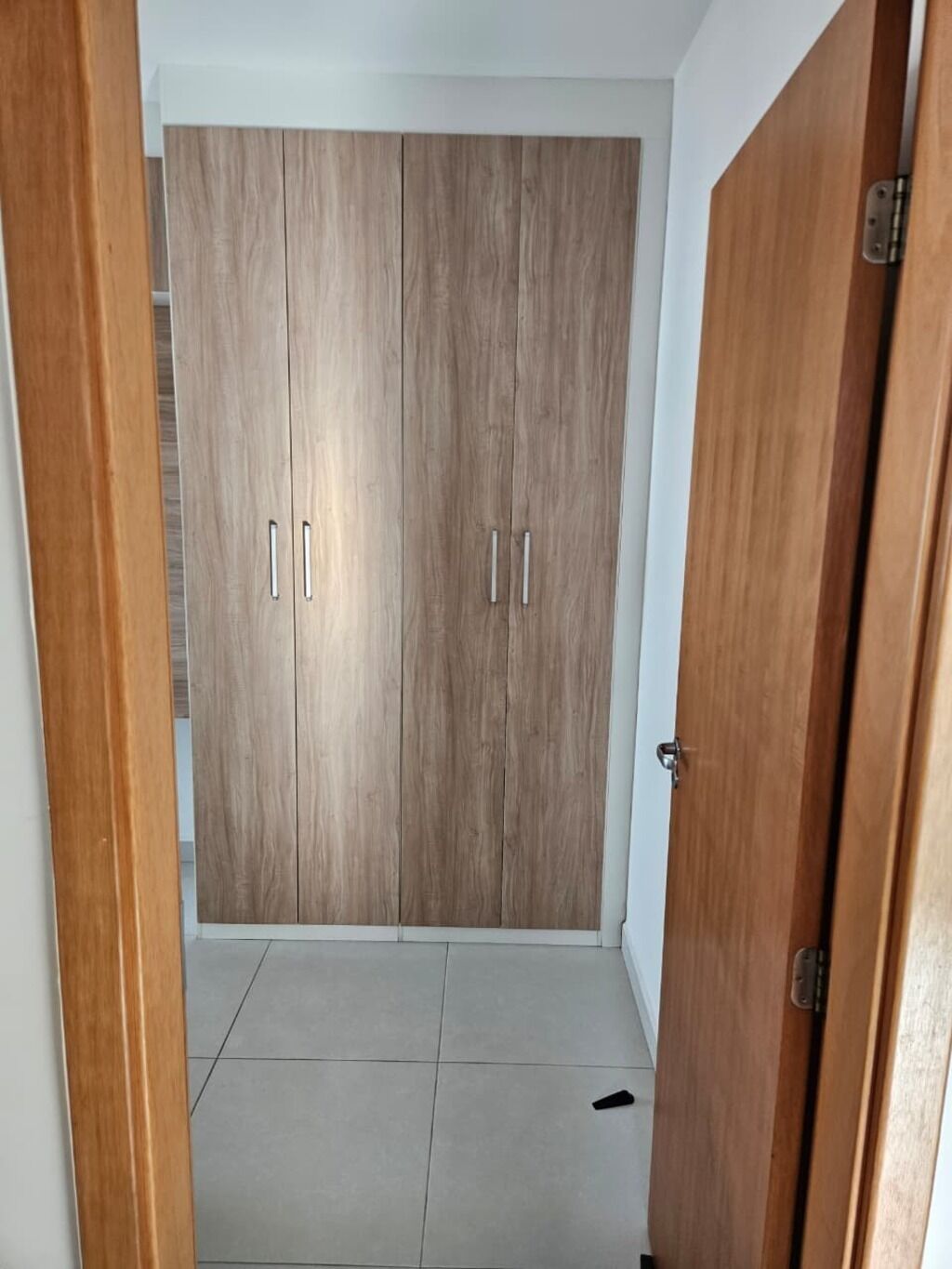 Una habitación con un armario grande, una puerta y suelo de baldosas.