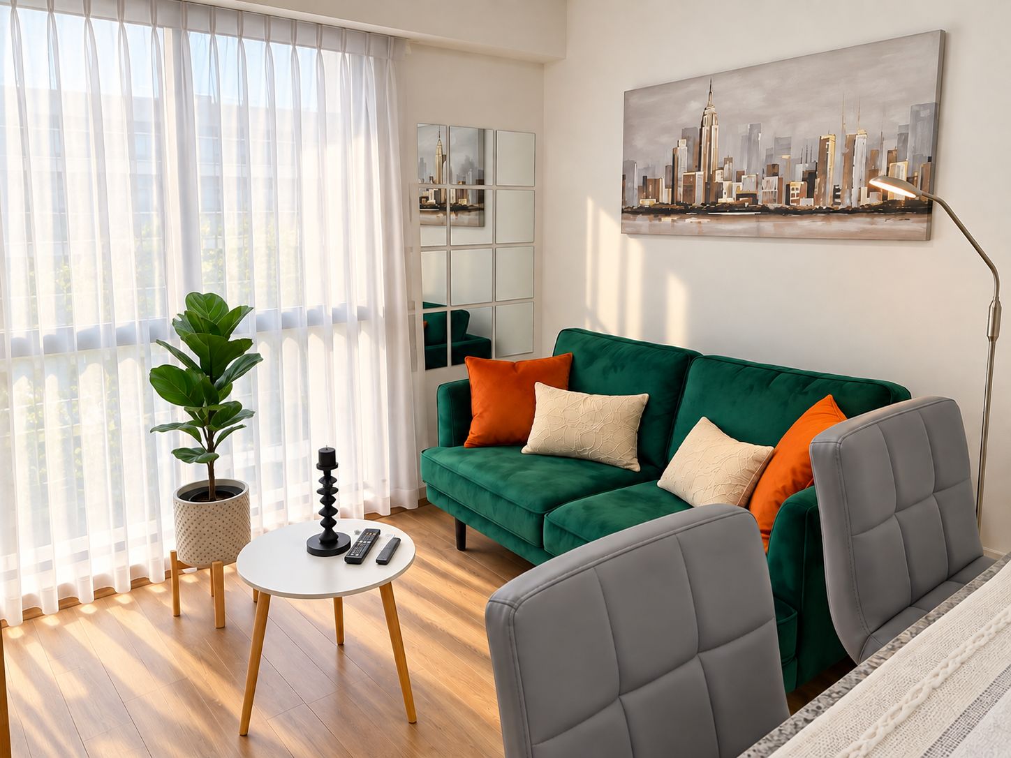 A modern living room with a green sofa, a grey armchair, a round table with a plant, and a painting of a cityscape on the wall.