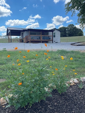 A house with a covered porch, a gravel driveway, and a grassy area with yellow flowers.