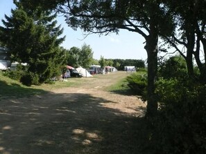 Een camping met tenten en campers, omgeven door bomen en groen.