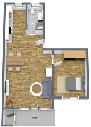 Eine 2-Zimmer-Wohnung mit Balkon, Küche, Wohnbereich und Bad.