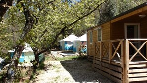 Une cabane en bois dotée d’un porche, entourée d’arbres et bordée d’un chemin de gravier.