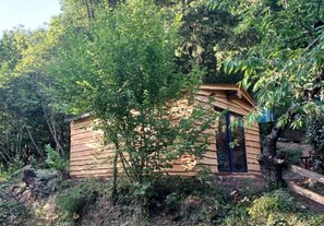 A small wooden cabin surrounded by dense foliage.