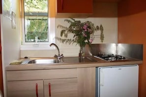 Une cuisine avec un Ă©vier en acier inoxydable, un vase rempli de fleurs, une fenĂȘtre et une cuisiniĂšre.