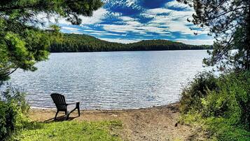 A lakeside view with a chair on the shore, surrounded by trees and a clear sky.