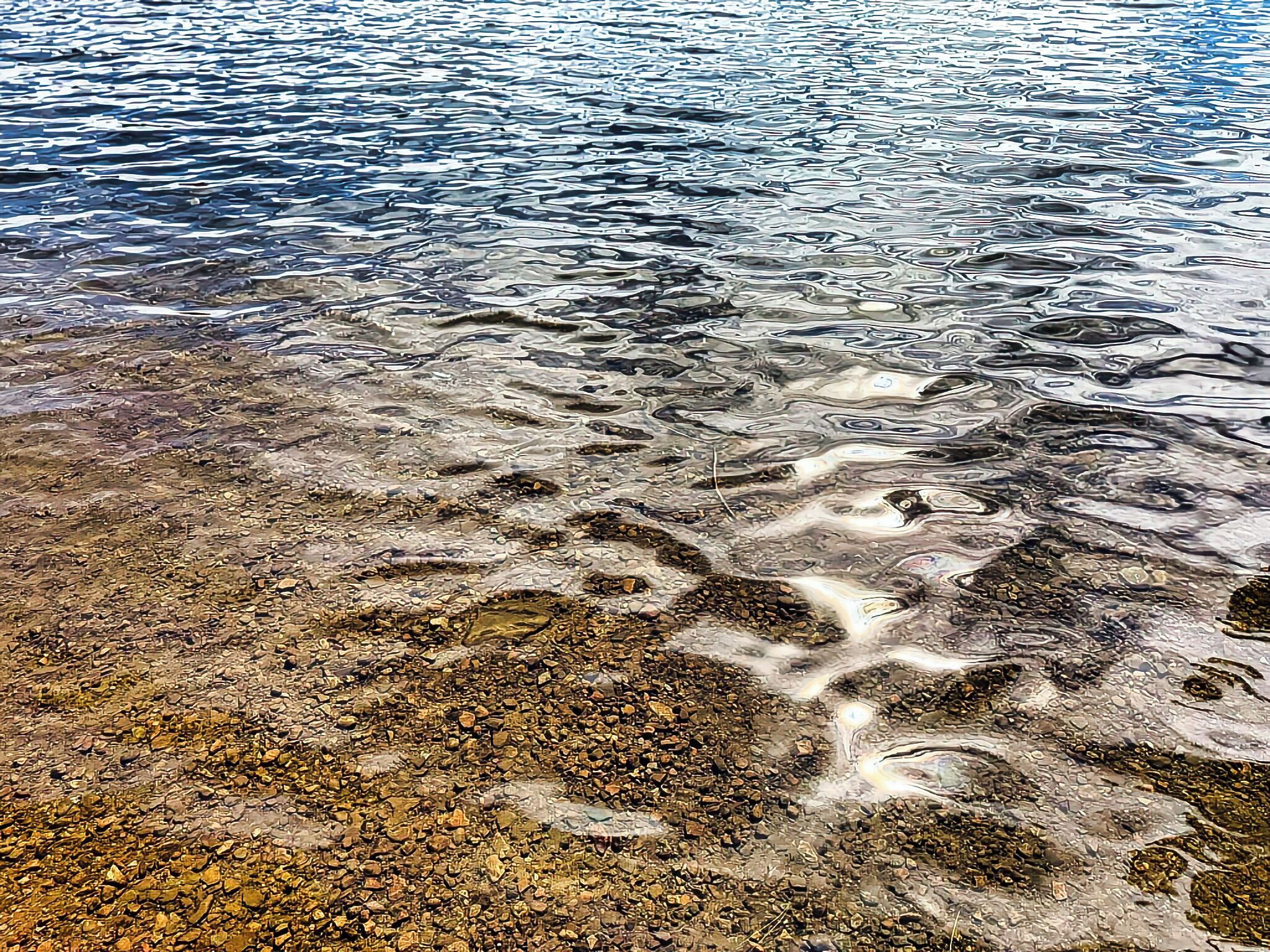 A clear view of a rocky shoreline with water.