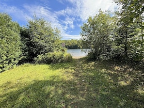 Un paysage naturel avec un lac, une forêt dense et un ciel dégagé.