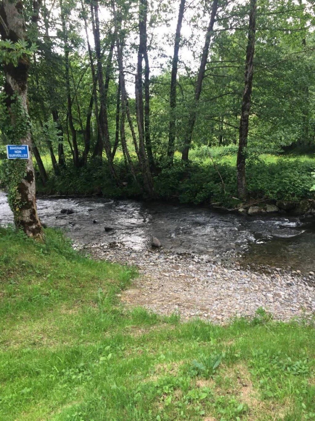 A forested area with a stream, a sign indicating no surveillance, and a gravel path.