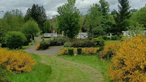 Ländliche Landschaft mit einem Schotterweg, der zu einem weißen Gebäude inmitten üppiger Bepflanzung und gelb blühenden Büschen führt.