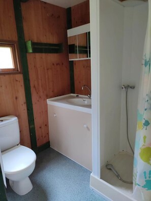 A bathroom with a toilet, sink, and shower. - Chalet 2 étoiles - ccbgafe (La Tour-d'Auvergne)