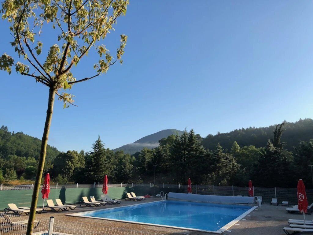 Ein Swimmingpool mit Liegestühlen und Sonnenschirmen, umgeben von Bäumen und einem Berg im Hintergrund.