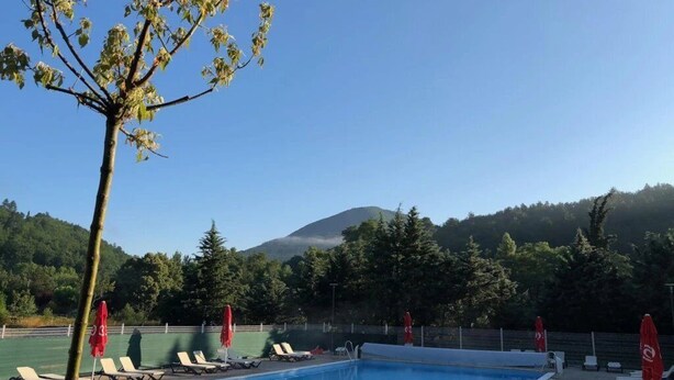 A swimming pool with lounge chairs and umbrellas, surrounded by trees and a mountain in the background. - Camping 3 étoiles - Piscine  - ccbgdce (Rennes-les-Bains)