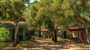 A row of cabins with thatched roofs, surrounded by trees, and a dirt path leading through the property.