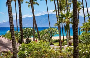 A tropical garden with palm trees, a beach, and a mountain in the background. - Kaanapali Alii-3 Bedroom Ocean Views (Lahaina)