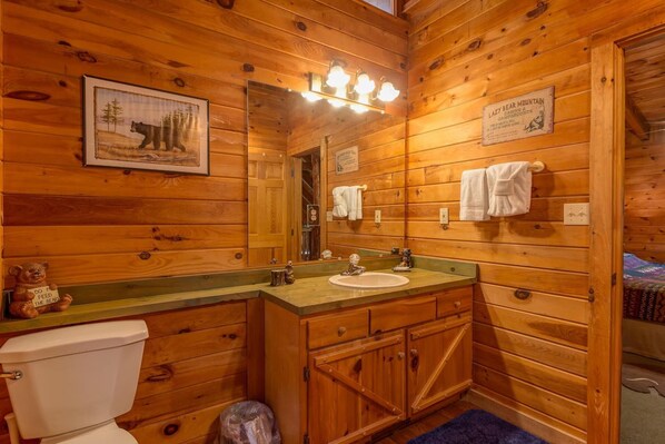 Ein Badezimmer einer Holzhütte mit Waschbecken, Toilette und Spiegel.