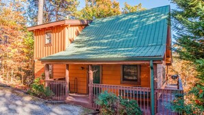 A wooden cabin with a green metal roof, a porch, and a small front yard. - Hawks Nest #1907 (Sevierville)