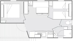 A hotel floor plan with a large central area, a separate dining area, and a kitchen. - Camping 3 étoiles - Parc aquatique - ccbg0hd (Garganvillar)