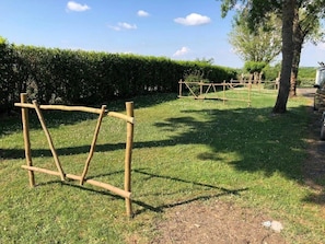 Ein Rasen mit Holzelementen, möglicherweise zum Klettern oder Spielen, und einer Hecke im Hintergrund.