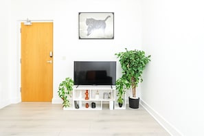 Een woonkamer met een houten deur, een televisie op een wit meubelstuk en twee planten in potten.