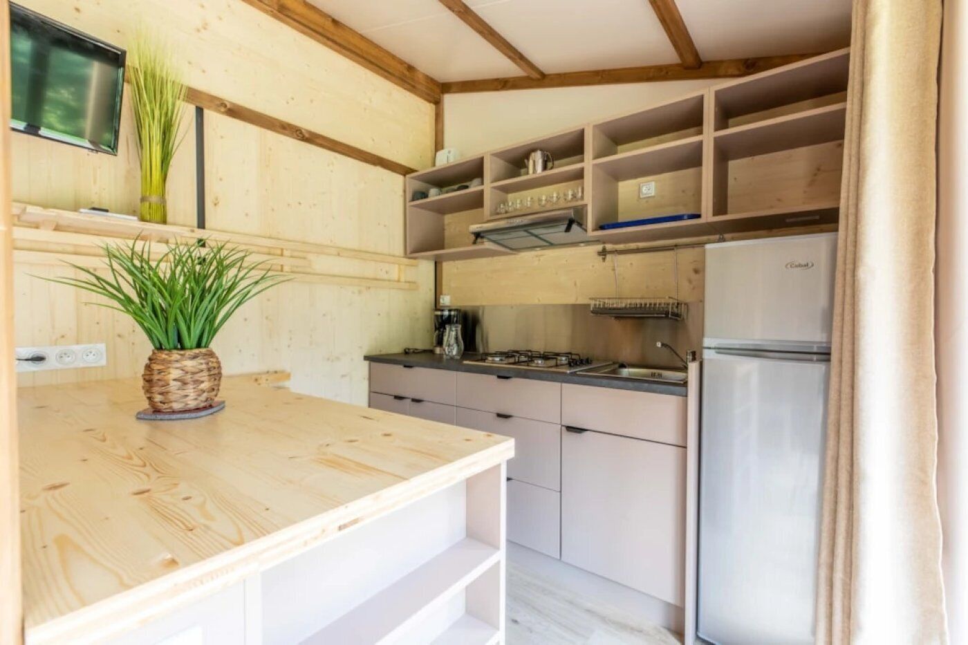 Une cuisine avec des meubles de rangement en bois, un réfrigérateur en acier inoxydable et un plan de travail en bois agrémenté d’une plante en pot.
