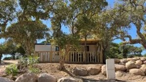 A house with a wooden deck, surrounded by rocks and trees. - Camping 3 étoiles - Piscine  - ccbgebg (Pianottoli-Caldarello)