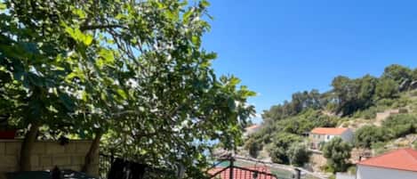 Uma varanda com mesa e cadeiras, uma árvore e vista para um morro com casas.